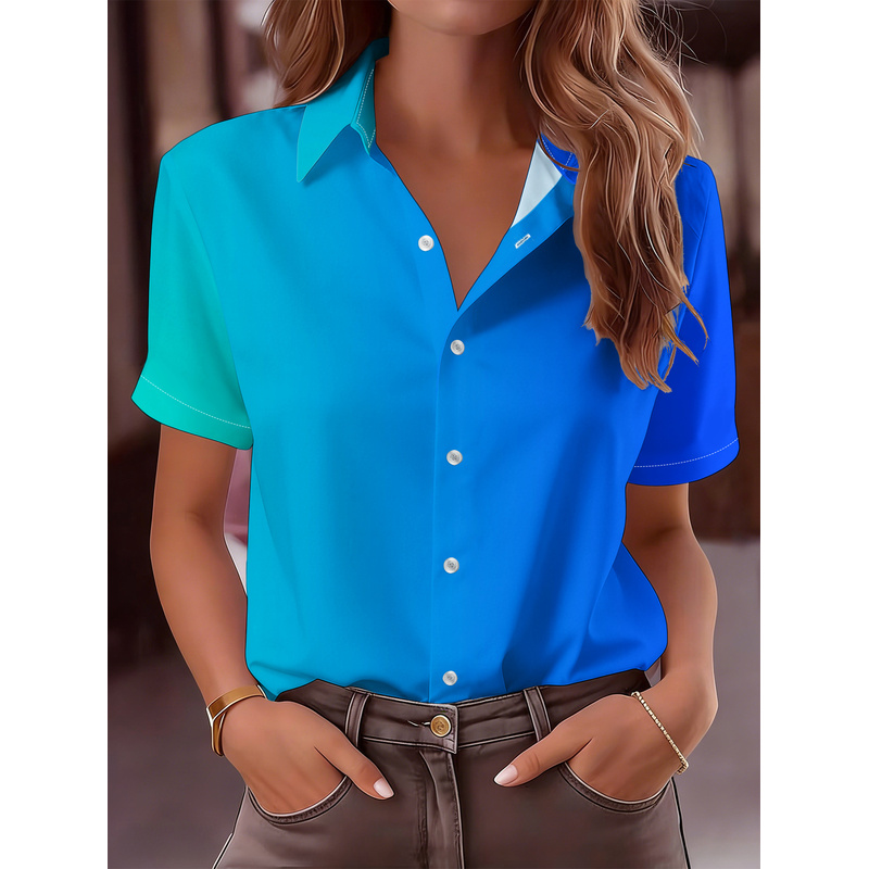 Women Formal Wear Stitching - Camisa Feminina Casual de Manga Curta