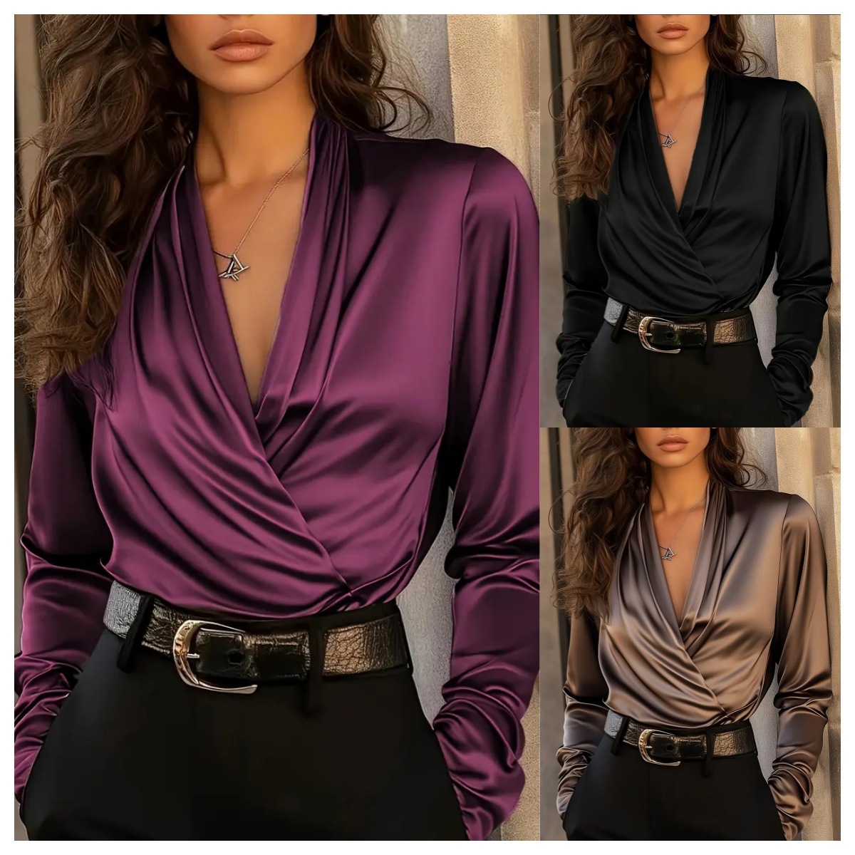 Women Formal Blouses For Evening Wear - Blusa Feminina de Cetim com Decote