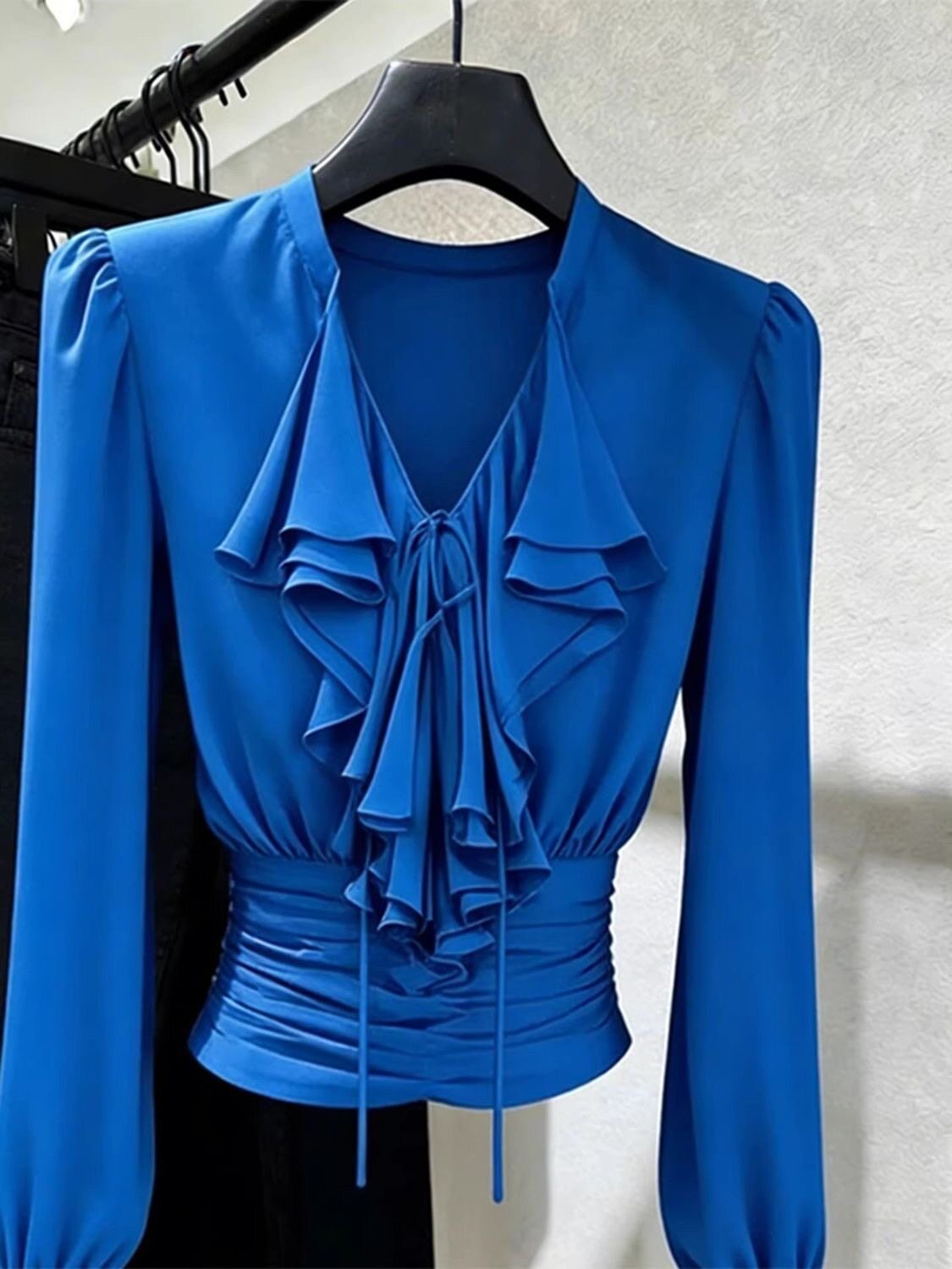 Blusa Azul Royal com Babados e - Women Formal Blouses For Evening Wear avaliação e preço