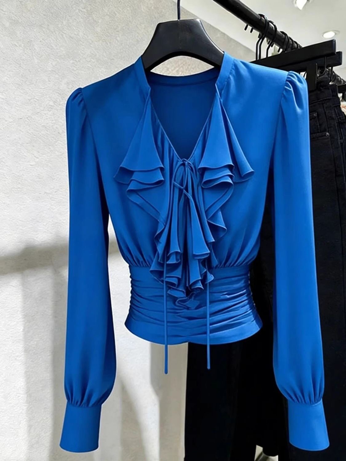Blusa Azul Royal com Babados e - Women Formal Blouses For Evening Wear avaliação e preço