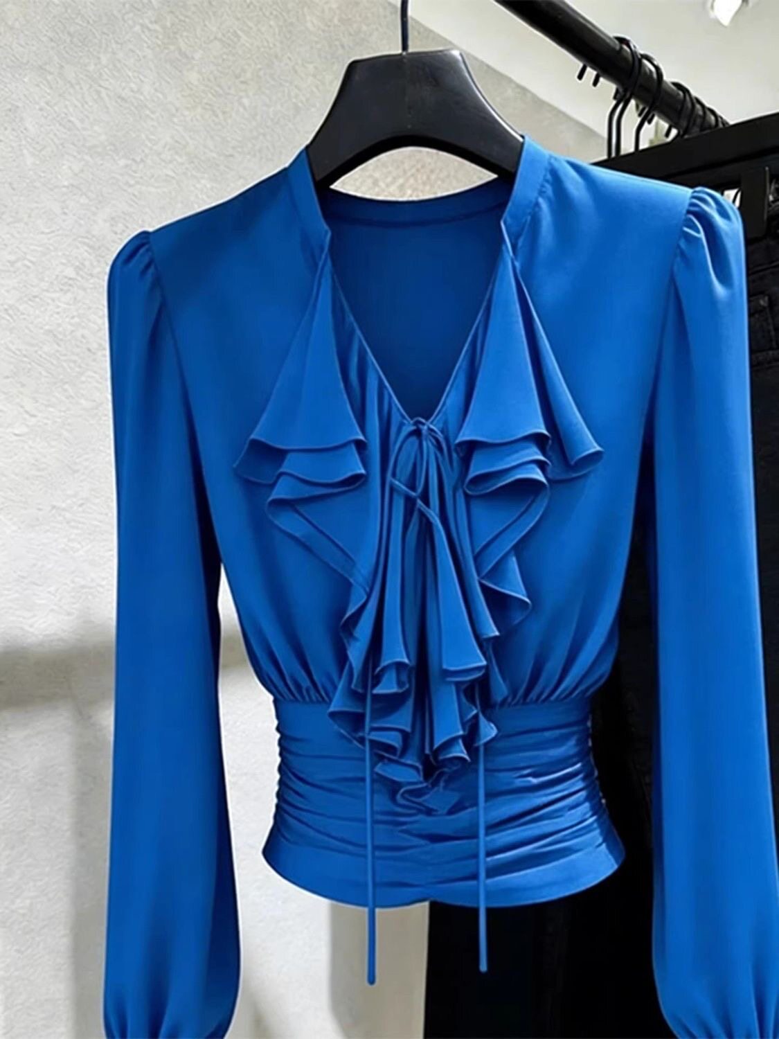 Blusa Azul Royal com Babados e - Women Formal Blouses For Evening Wear avaliação e preço