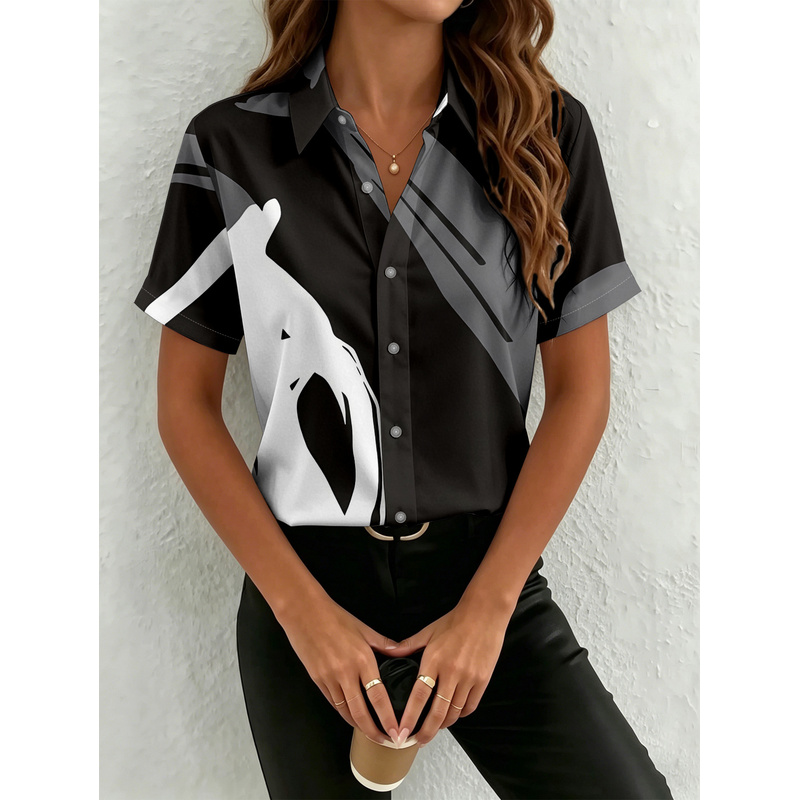 Camisa Feminina de Manga Curta - Women Formal Wear Stitching avaliação e preço
